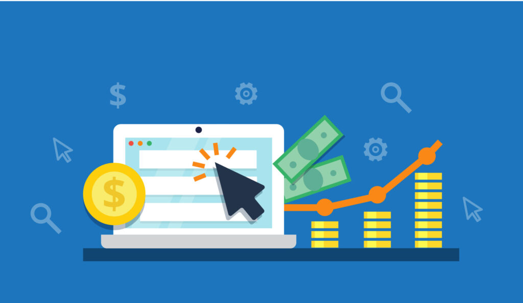 computer portraying pay per click with money increasing over time