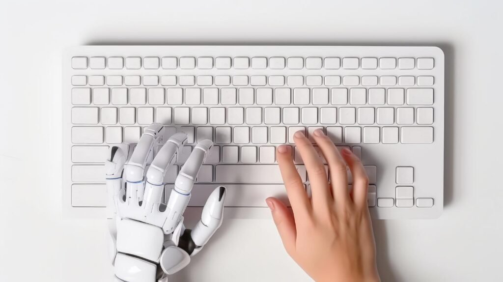 AI or Website Design? The pros and cons of a human touch vs artificial intelligence in web design. 4 one ai hand and one human hand on keypad to represent ai or web design